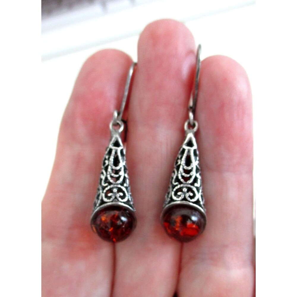 Vintage amber .925 sterling silver filigree dangle earrings